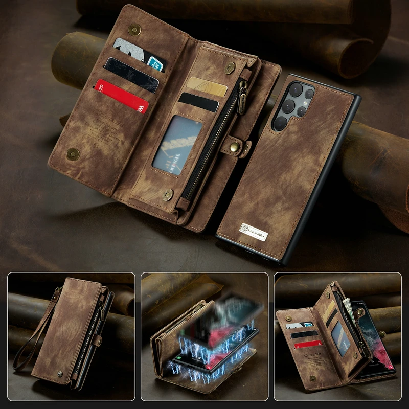 

CaseMe-Leather Zipper Phone Case, Multifunction Wallet, 2 in 1 Full Case, Samsung Galaxy S21, S22, S23 Plus, Note 20 Ultra, A53