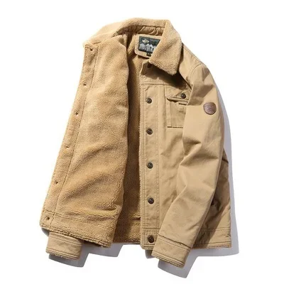 thumbnail image 1 of Chaqueta de invierno para hombre, con cuello de piel gruesa, estilo militar, de lana, estilo aviador, de algodón, cálida, estilo parka, estilo militar, de piel de cordero, 1 of 5