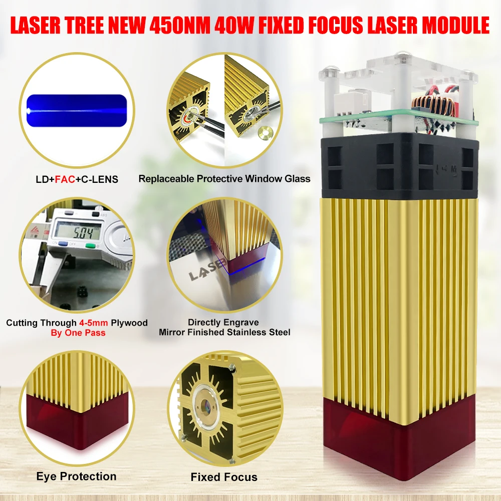 LASER TREE 40W Laser Module 450nm Fixed Focus TTL Blue Light Laser Head for Laser Engraving Cutting Machine Wood Working Tools band saw machine