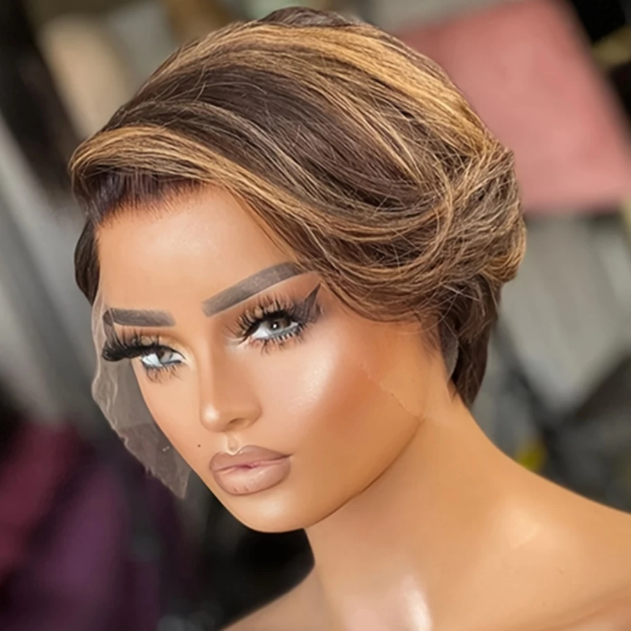 13*4*1T lace human hair wig pixie human hair wig short straight wigs 6inch 150% density pixie natural look