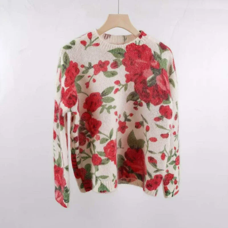 

2024 Early Spring New Mohair Blend Rose Print Women Pullover Sweater