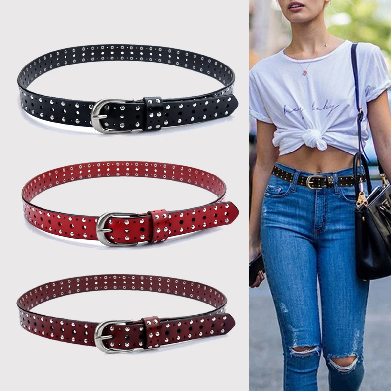 

New Punk Belt For Women Luxury Silver Rivet Genuine Leather Designer Waistband Cowboy Women's Dress Jeans Decorative Wide Girdle