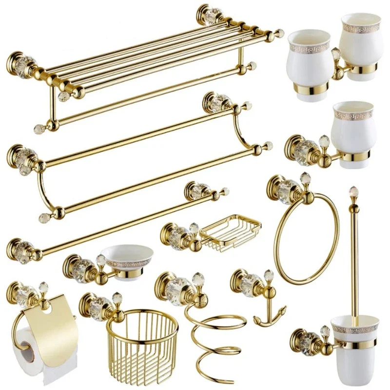 Gold Crystal Towel Rack European Bathroom Hooks Hardware Suite Bathroom Brass Shower Basket Towel Ring Accessories