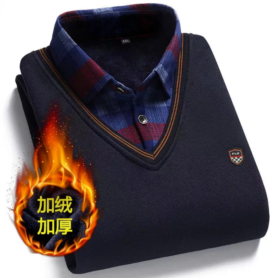 Turtleneck Sweater Men's Fake Two Piece Knitted Pullover with Plush Polo Collar Warm Top