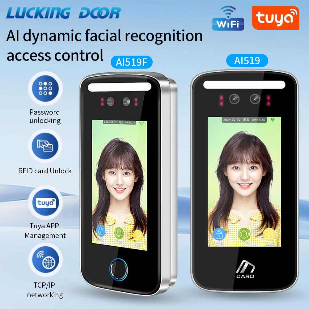 

Tuya App Wifi AI Dynamic Face Recognition Reader Attendance Terminal 5000face TCP IP 5-inch Screen 125KHz IP54 Waterproof Zinc