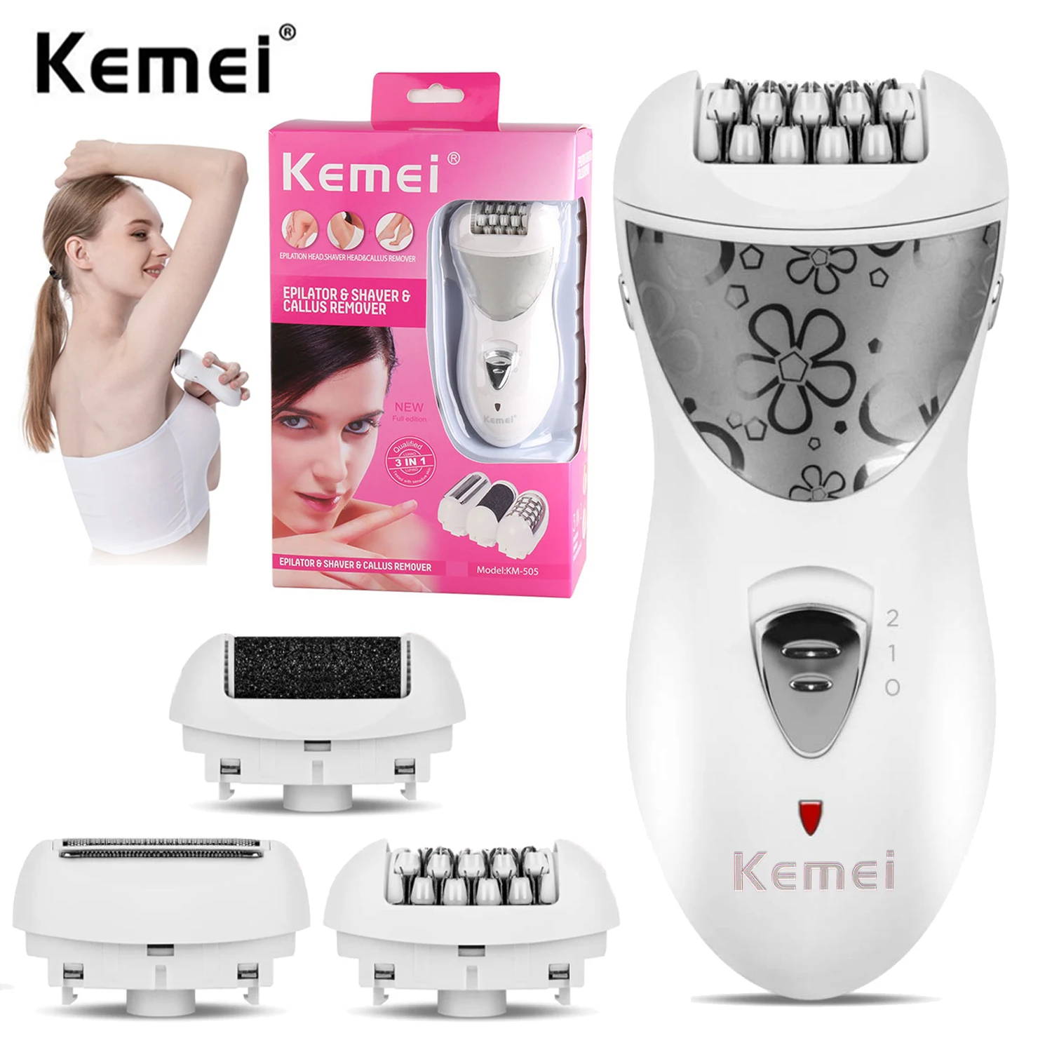 

Kemei Epilator Rechargeable 3 In 1 Lady Hair Remover Shaver Electric Callus Remover Depilador Removal for Women Foot Care Tools