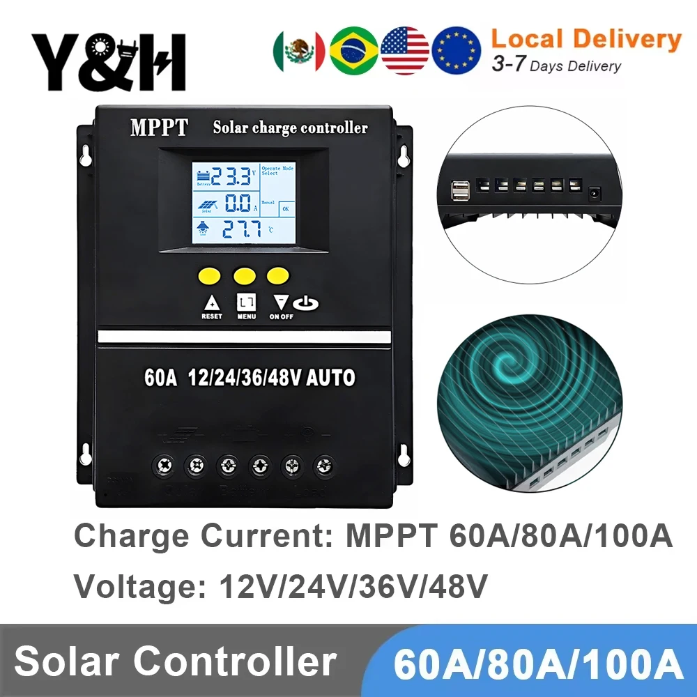 Y & H contrôleur de Charge solaire 60A 80A 100A MPPT 12V 24V 36V 48V panneau solaire régulateur de batterie au plomb/Lithium double USB