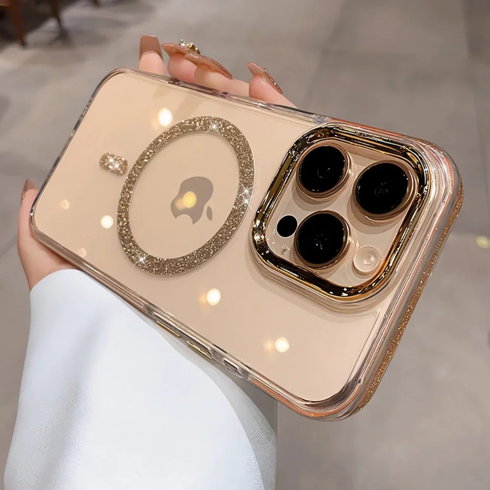 Luxury Bling Glitter Magsafe Clear Case with Metal Plating Lens Frame