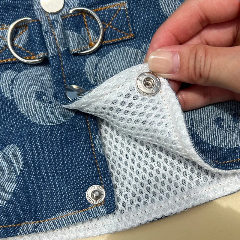 Denim Dog Harness And Collar Set With Leash, Cute Blue Puppy Vest_voghion.com