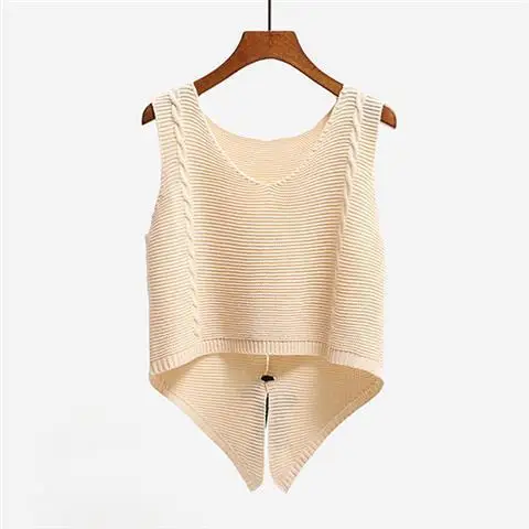 

Beige NEW Tailed Spring Korean V-neck Knit Sleeveless Sweater Short Vest Loose Coat Tops Waistcoat Lady Top Cloth for Women girl