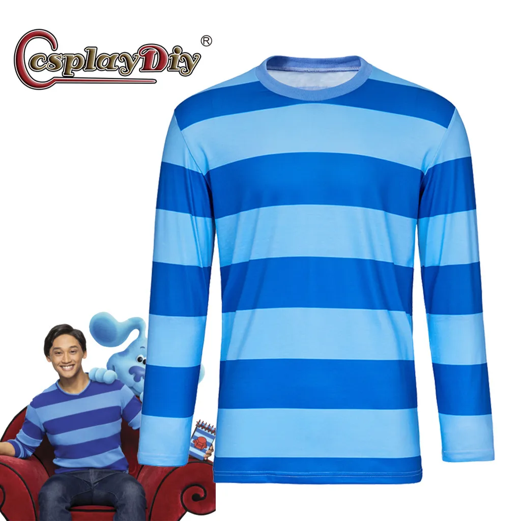 Cosplaydiy Blue Tights Josh Costume T Shirt Blue Striped Casual Manica Lunga Top Shirt Josh Costume Adulto Camicia Di Halloween Da Uomo
