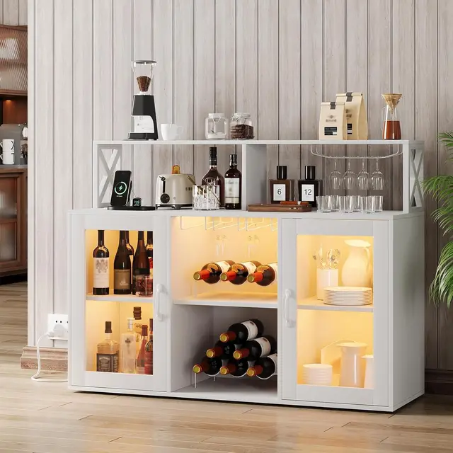 Wine Bar Cabinet with Wine Rack Glass Holder Coffee Bar Storage Cabinet with LED Lights for Home Kitchen Living Room Dining Room