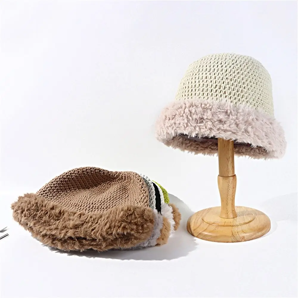 

Keep Warm Plush Bucket Hat Fashion Thickened Soft Basin Hat Crochet Knitted Fisherman Hat Outdoor