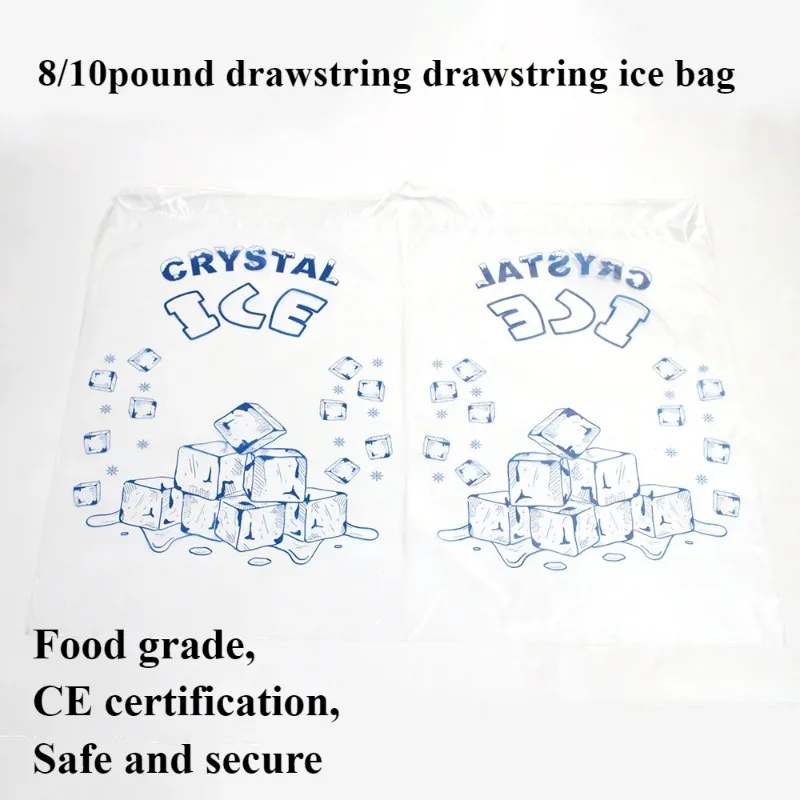50pcs Plastic Ice Bags Food Grade PE with Drawstring Can Withstand 5/8 Lb Pounds Closure Durable Bag Kitchen Disposable Storage