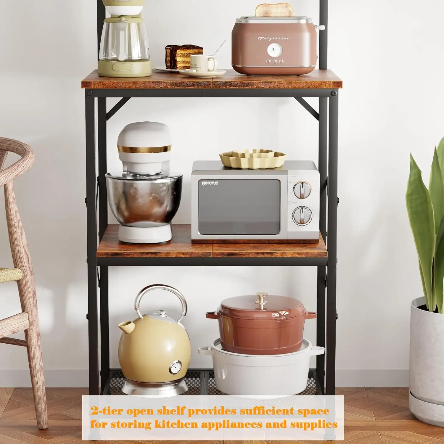 Kitchen Bakers Rack with Hutch, Coffee Bar Station 4 Tiers, Microwave Oven Stand with 6 S Hooks and Pegboard, Kitchen Microwave 6