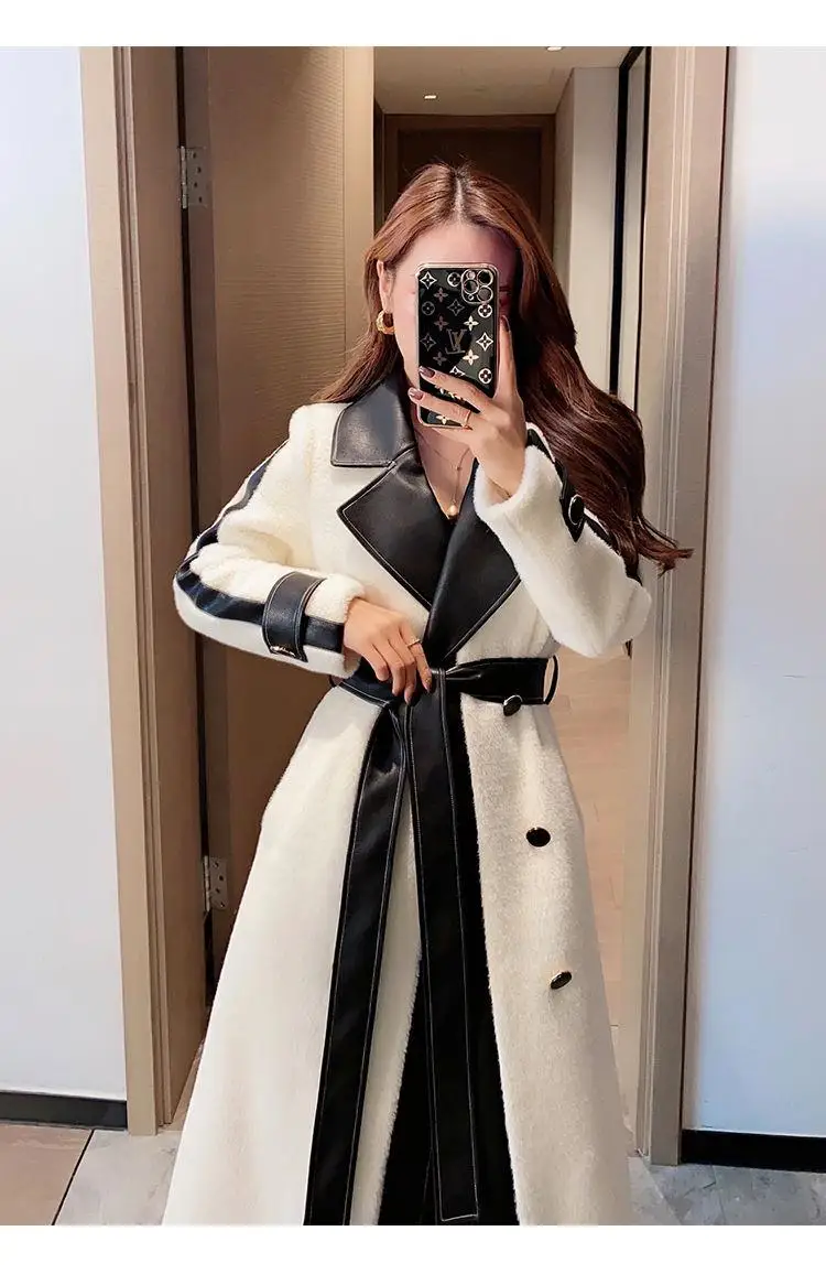 Autumn Winter Chic Woolen Coat Women Patchwork Long Jackets with Belt Lapel Korean Fashion Female Outerwear New Soft Overcoat