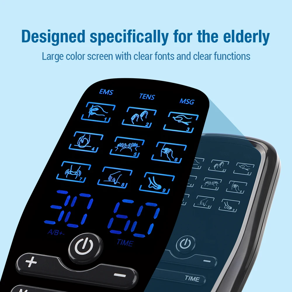 Bærbar EMS-massør holdt i hånden med målestok