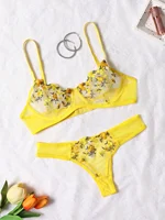 Ensemble soutien-gorge et culotte en dentelle pour femmes, sous-vêtements sexy, push up, broderie de fleurs, 7.0 3