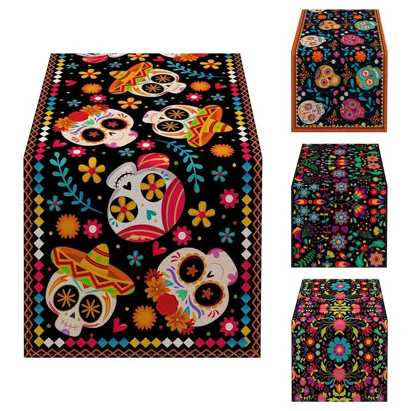 

Mexican Day of The Dead Linen Table Runners Kitchen Dinning Table Decor Sugar Skull Table Runners for Dining Table Party Decor