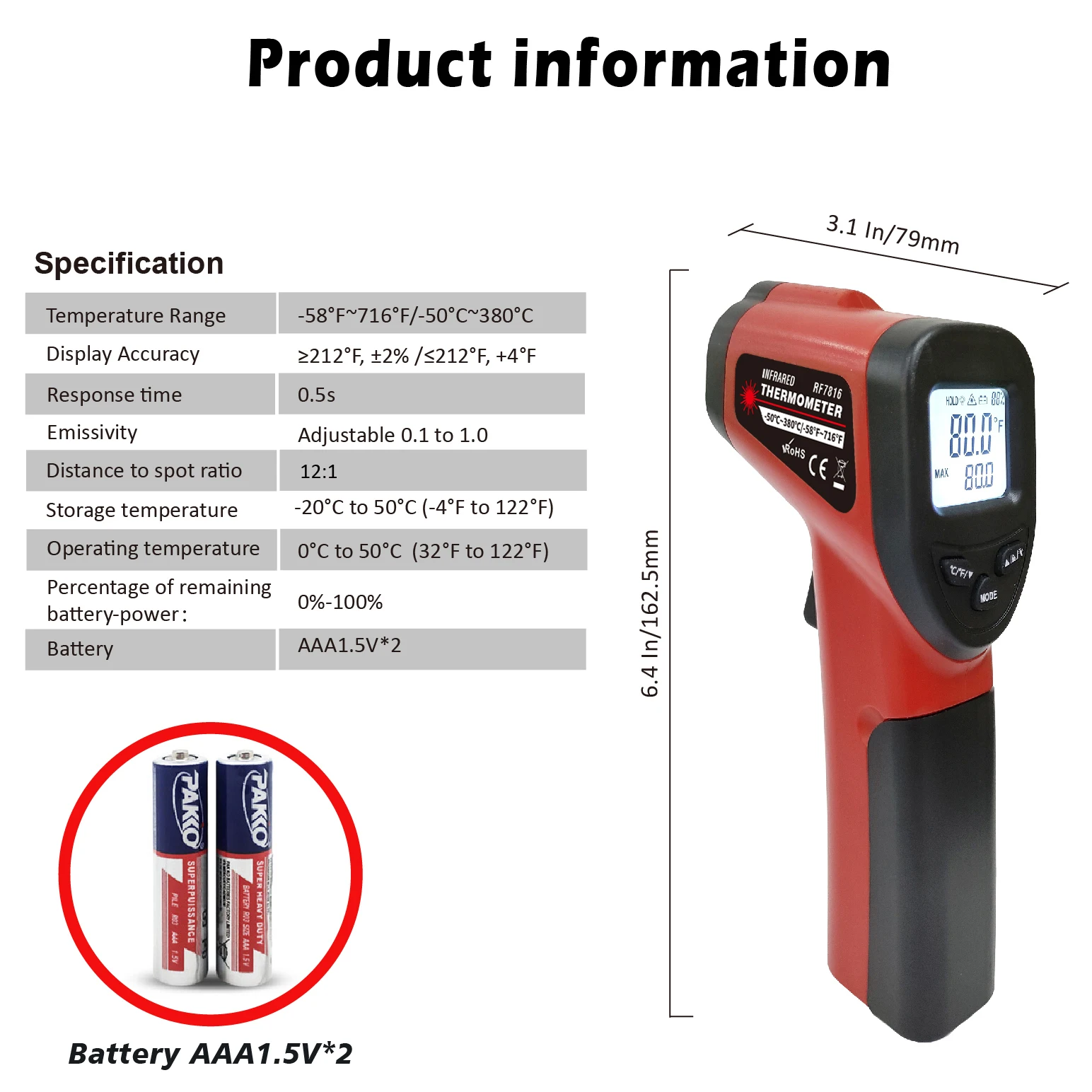 Infrared Temperature Meter Digital Thermometer Non-contact industrial Infrared Laser LCD Color Screen Kitchen Thermometer Temperature Gun Tester-50-380