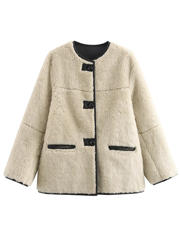 Winter Women Fur Faux Leather Warm Jacket Chic Contrasting Splice Casual Button O Neck Winter Fur One Piece Lamb Wool Jacket
