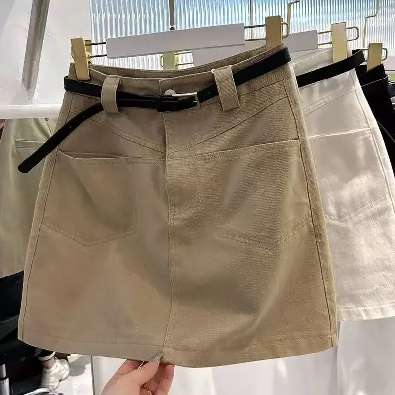 2024 Verano Nuevo Mini Vestido de Cintura Alta Falda A-Line Ropa de Trabajo de Mezclilla para Mujer Vestido Mini Caqui a Prueba de Exposición
