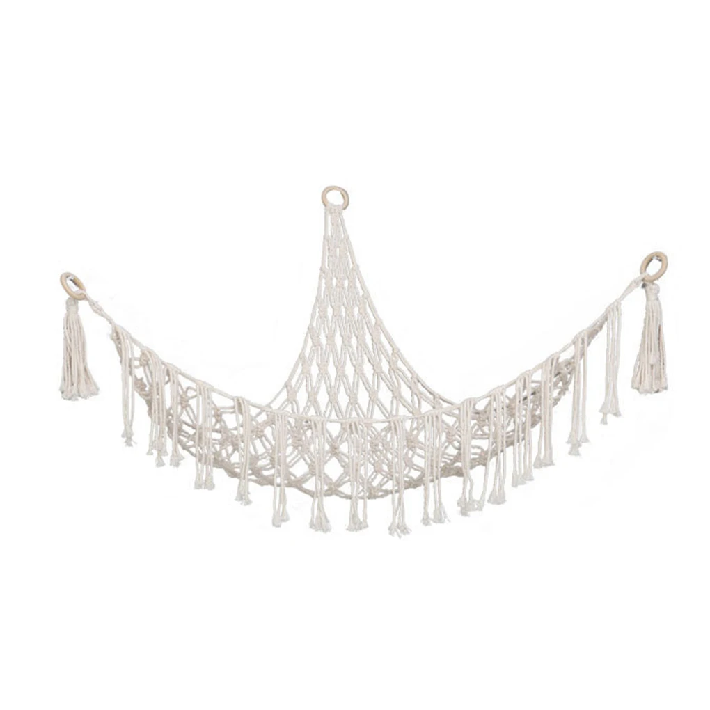 Boho Plush Toy Hammock Triangular Shape Hanging Mesh Storage Basket Cotton Tassels Wall Net for Bedroom Living Room 6