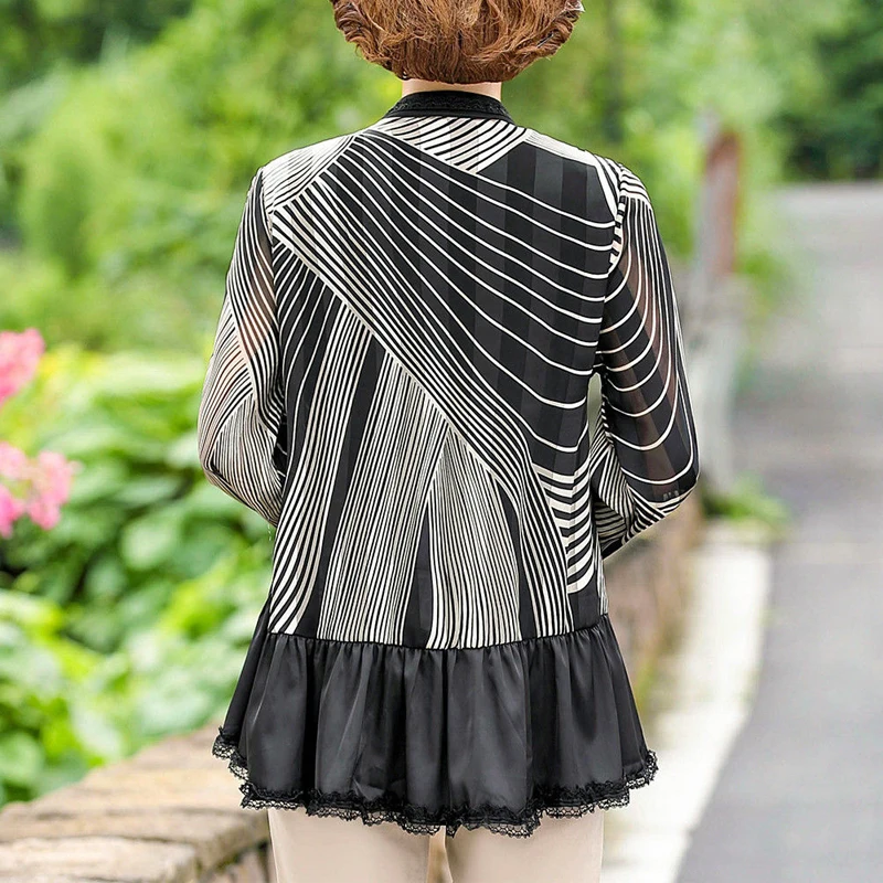 Middle Aged Elderly Women Fashion Striped Print Lace Patchwork Blouse Elegant Chic Irregular Shirt Ladies Long Sleeve Loose Tops