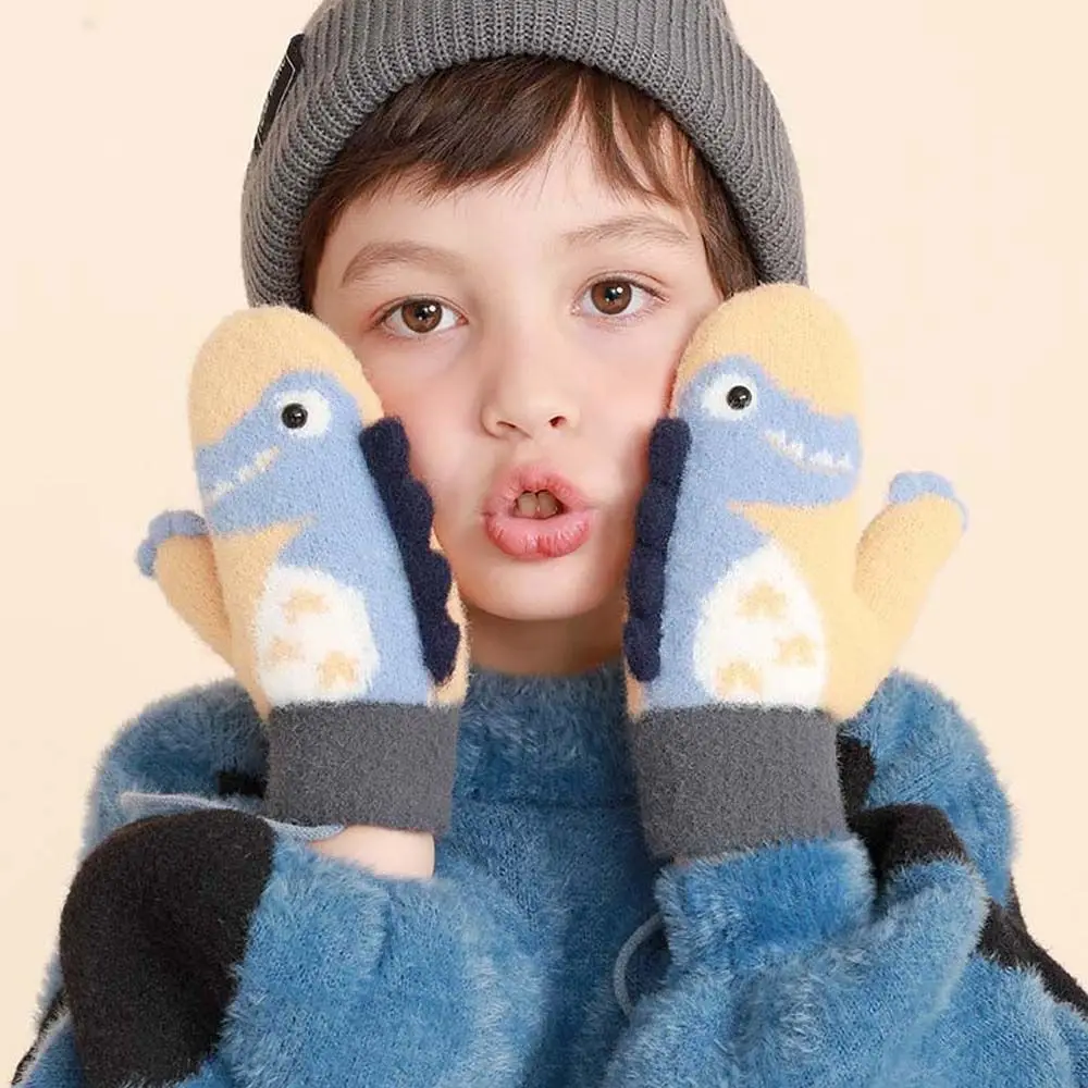 3-6 Years Kids Outdoor Plush Thick Windproof Kids Gloves Full Finger Mittens Children Dinosaur Gloves Hanging Neck Gloves