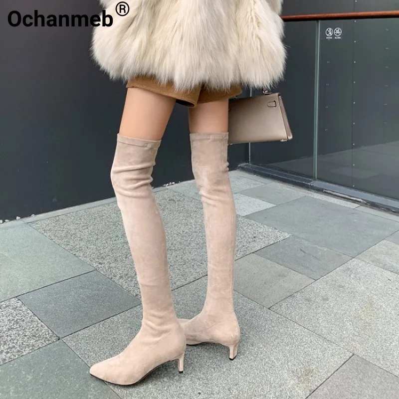 

Ochanmeb Women Nude Stretch Suede Boots Autumn Medium Heels Slip-ons Thigh High Boots Woman Winter Black Pointed Toe Shoes 33-43