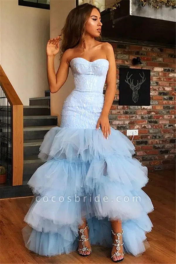 

Modern Strapless with Sashes Prom Dress Elegant Organza Tiered Evening Dress Sequin Mermaid Robe De Soiree