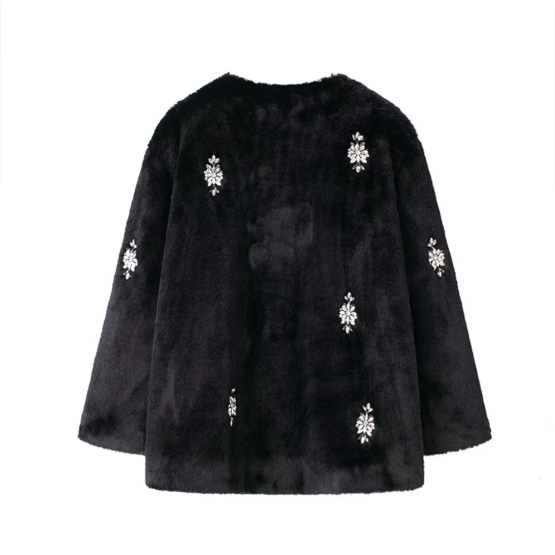 Abrigo de piel con joyería vintage para mujer, chaqueta holgada de manga larga con cuello redondo y felpa negra de invierno, abrigo grueso y cálido elegante para mujer