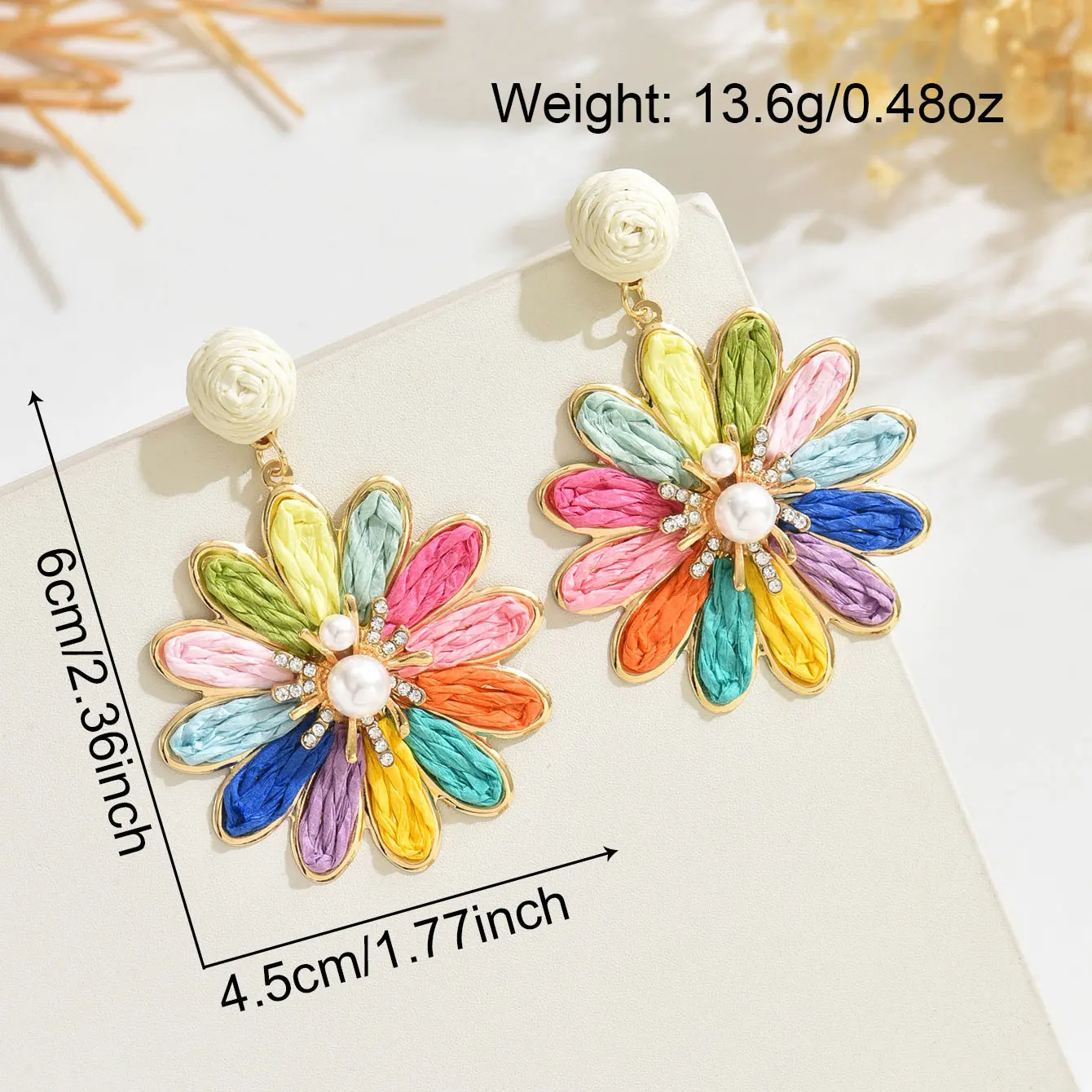 Boho Sweet Colorful Raffia Flower Drop Earrings for Women Handamde Elegant Imitation Pearls Rattan Knit Earrings Summer Jewelry