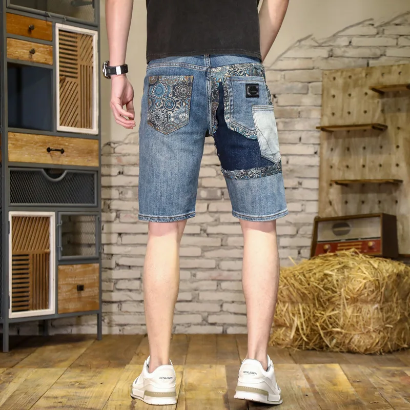 

Мужские джинсовые шорты с пейсли-принтом, летние контрастные брюки в стиле пэчворк, модные дизайнерские уличные повседневные шорты с принтом