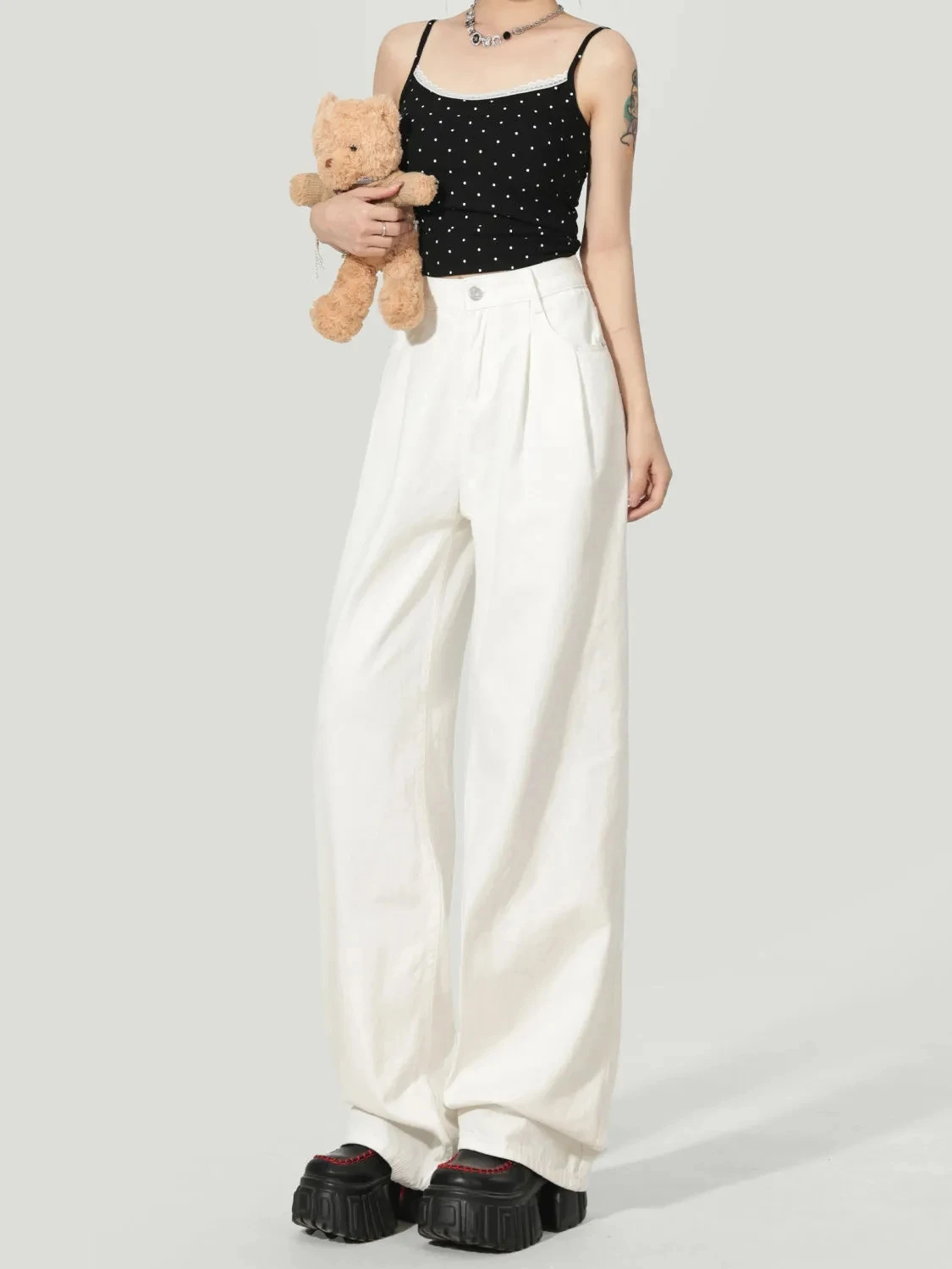 Y2K Korean Style Women's White High Waisted Wide Leg Jeans 2026 Spring Summer New Pleated Design Draped Casual Pants Streetwear 6