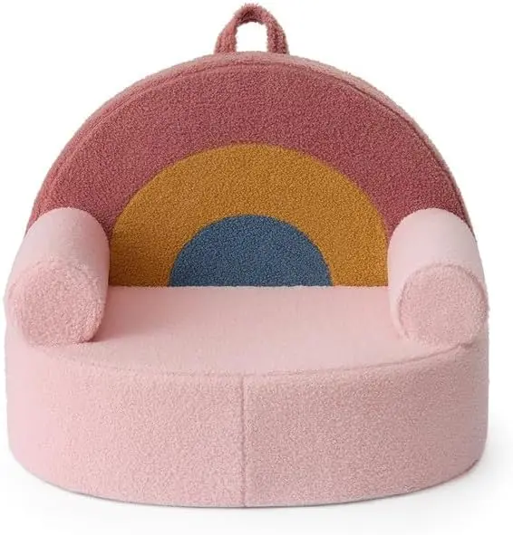 Toddler Chair Comfy, Foam Kids Chair with Soft Teddy Plush, Toddler Reading Armchair with Cute Rainbow Designs- Blush Pink 2
