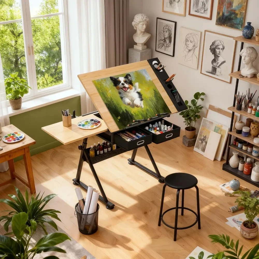 Hot-sellingProfessional Adjustable Drafting Table with Stool, Tilting Wooden Desk for Art Painting Sketching Studio Home Office 2