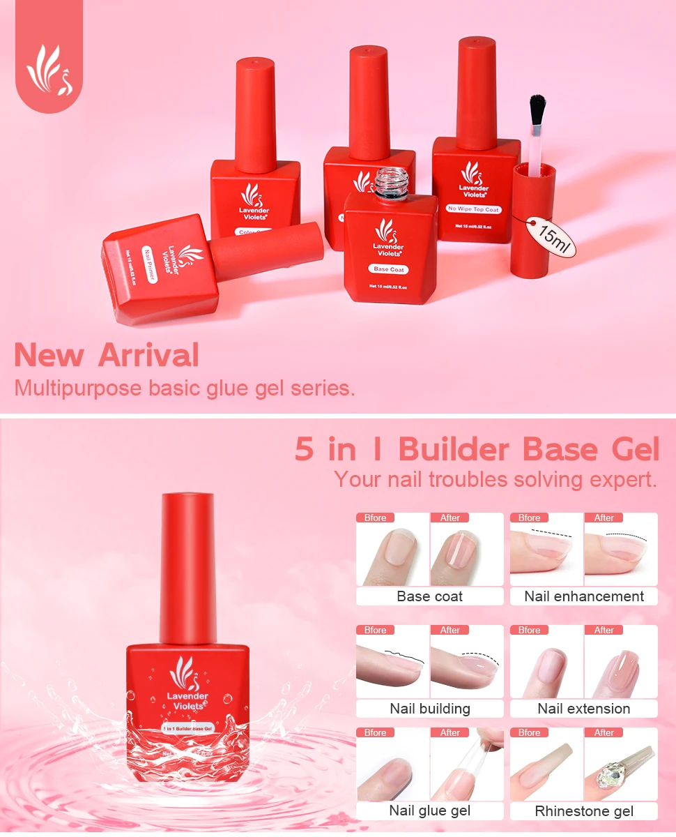 Description Picture 2 of item3pcs 15ml 5 in 1 Builder Base Gel & Glossy Top Coat & Matte Top Coat for Long Lasting Nail Manicure Salon Home Nail Art Design