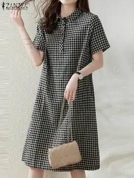 ZANZEA Donne Plaid Camicia Lunga Vestito 2024 Estate Manica Corta Vestito Longuette Ufficio di Modo Risvolto Collo Robe Casual Allentato Della Signora Vestido 1
