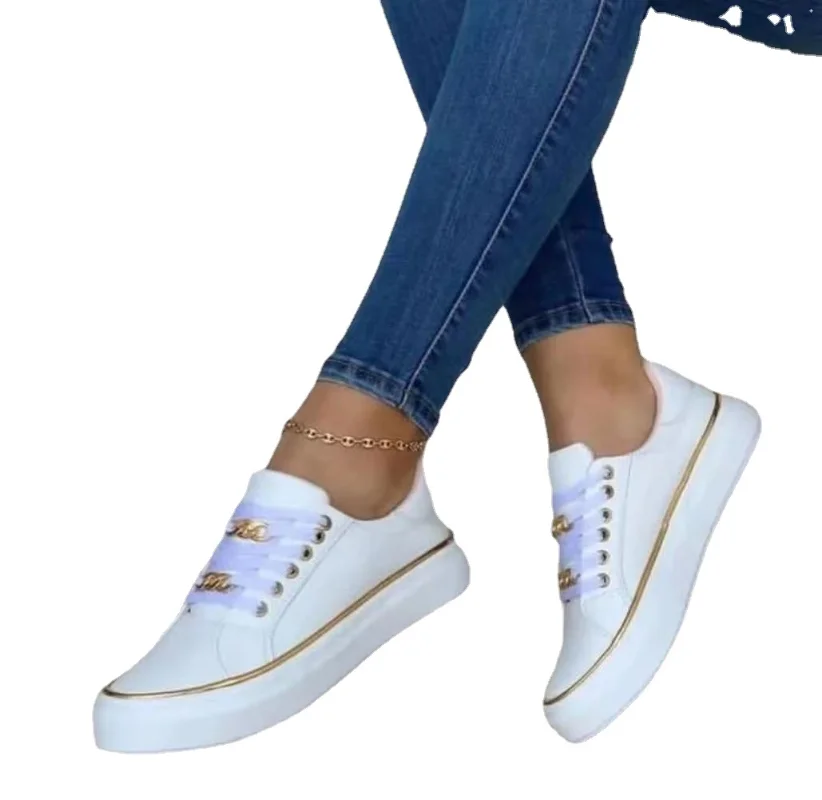Shoes for Women 2023 Zapatillas Information Thick Soled Chain Athletic Style Low Top Single Leather Front Lace Up Footboard Shoe