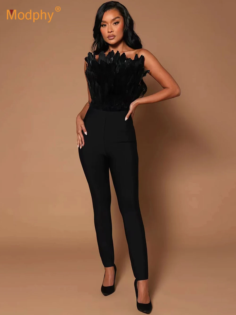

Modphy Feather Bandage Jumpsuit Women Black Bodycon bodysuit Evening Party Elegant Sexy Club Outfits 2023 Summer New Arrival