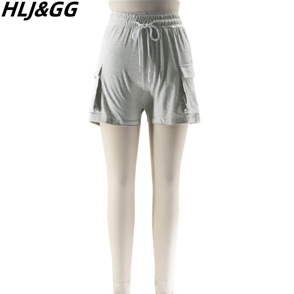 HLJ&GG Summer Solid Color Pocket Sporty Shorts Women Elastic Waist Drawstring Jogger Shorts Casual Female Fitness Bottoms 2024