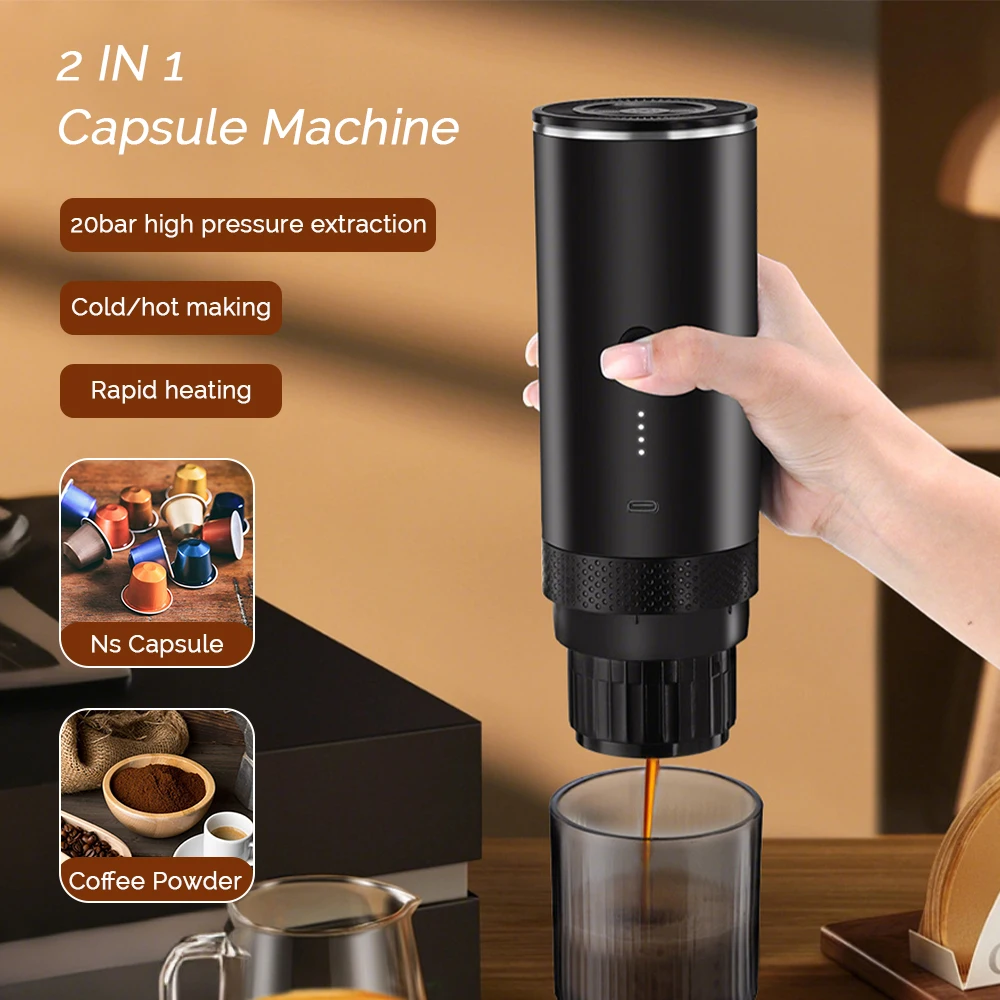 2 in 1 Portable Capsule Coffee Machine Wireless Automatic Heating Coffee Detachable Flushing Espresso Outdoor Travel Office