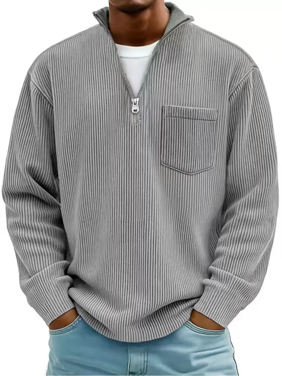 Autumn And Winter New Men's Solid Color Corduroy Long-sleeved Zipper Stand-up Collar Loose Fashion Men's Sweater
