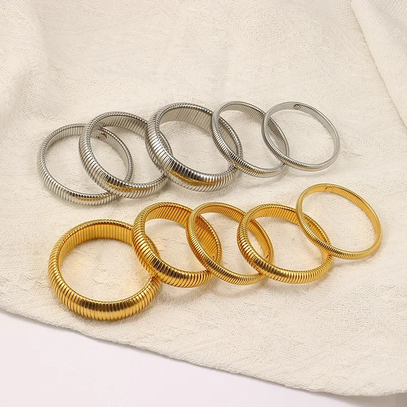Waterproof Stainless Steel Texture Flex Snake Chain Cuff Bracelet  Retro Elasticity Thick Metal Polish 18K Gold Plated Bangle