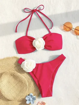 3D Flowers Bikini Bandage Lace Backless Bandeau Swimwear Push Up Bathing Suit Y2K Floral Beach Swimsuit Thong Women Vacation Set