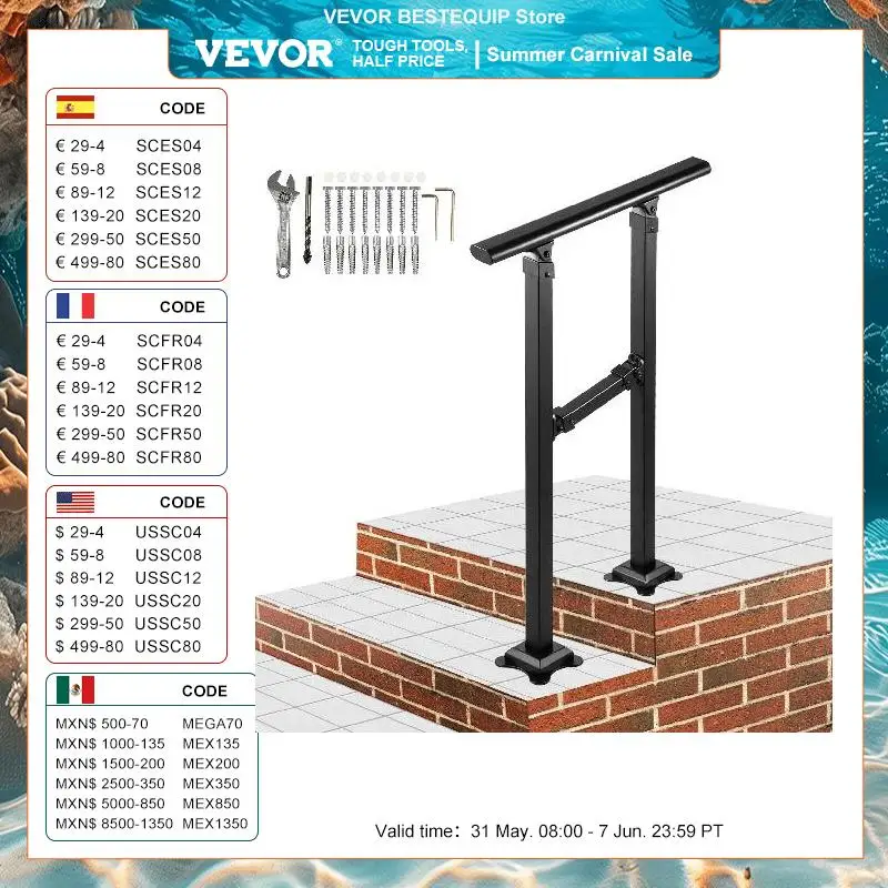 VEVOR-Kit de main courante d'escalier en fer, noir extérieur avec barres, construction et quincaillerie, amélioration de l'habitat, 0/1 à 2, 3/4 marches
