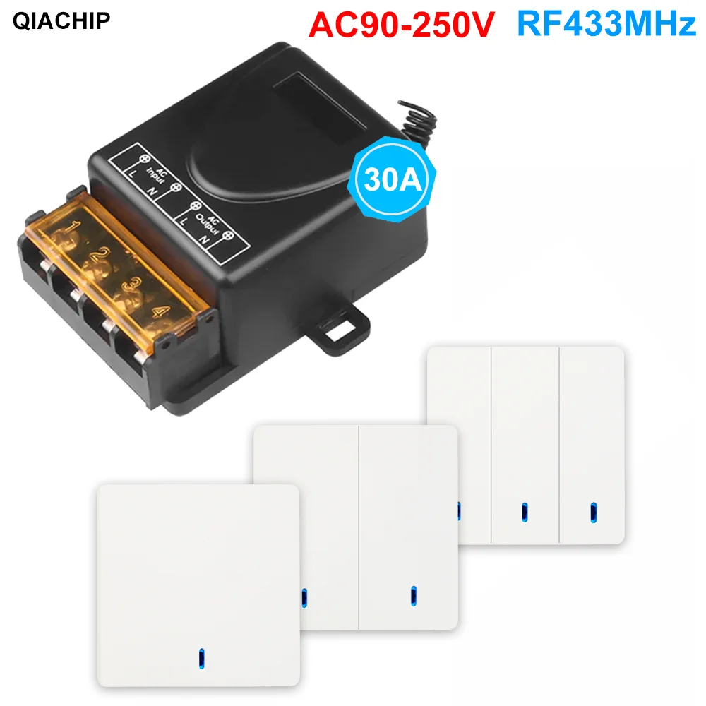 

RF 433MHz Wireless Remote Control Switch 30A AC 90V 110V 220V Relay Wall Panel Transmitter for Lamp Light Garage Door Water Pump