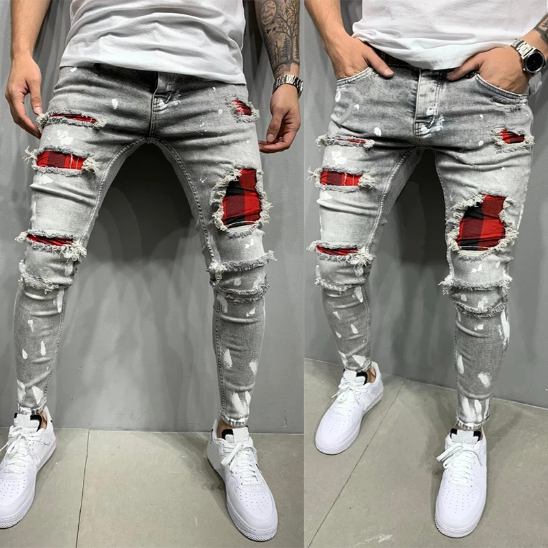 

New Men's Skinny Ripped Jeans Fashion Grid Beggar Patches Slim Fit Stretch Casual Denim Pencil Pants Painting Jogging Trousers