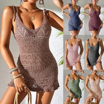  Women Summer Beach Dresses Spaghetti Straps Stretch Bikini Cover Ups Ladies Hollow Out Swimwear Dress 1